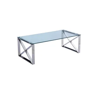 Mesa de centro Venus com tampo de vidro e estrutura metálica cromada em X