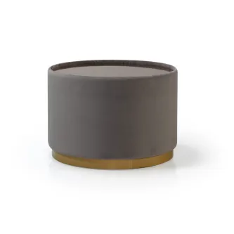 Mesa de apoio estofada cilíndrica cinzenta com base dourada