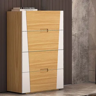 Camiseiro Troia em madeira clara com frentes onduladas, painéis laterais brancos