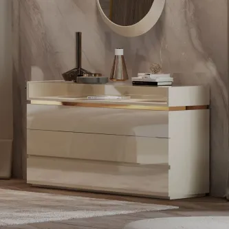 Cómoda Armani vidro lacada creme com gavetas largas e espelho redondo
