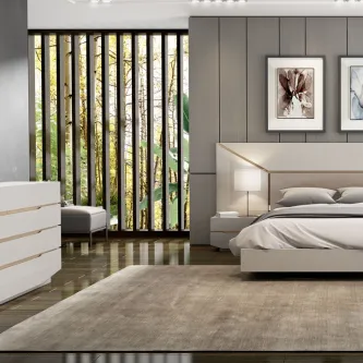 Um quarto para casal que une o moderno ao tradicional, criando um ambiente acolhedor e romântico.
