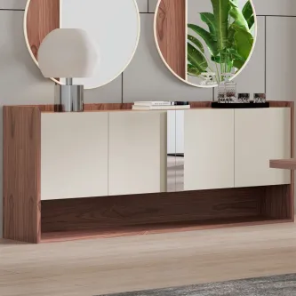 Aparador Rebecca em madeira com portas brancas, prateleira inferior aberta e dois espelhos redondos