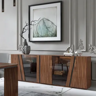 Aparador Sophia New em madeira com portas de vidro reflexivo e painéis escuros