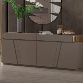 Aparador Valentina castanho acinzentado com espelho redondo e vasos decorativos