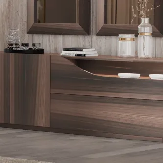 Aparador Emma em madeira escura com gavetas e decoração minimalista