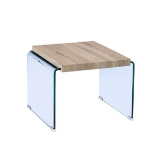 Mesa de apoio Osiris com tampo em madeira e pés curvos em vidro transparente