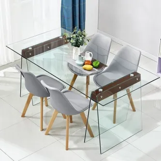 Mesa de vidro Selene com quatro cadeiras cinzentas
