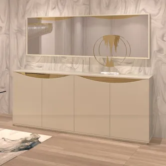 Aparador Delta creme com tampo marmoreado, espelho rectangular e detalhes dourados