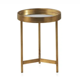 Mesa de apoio Melilla em metal dourado com tampo redondo e pernas triangulares