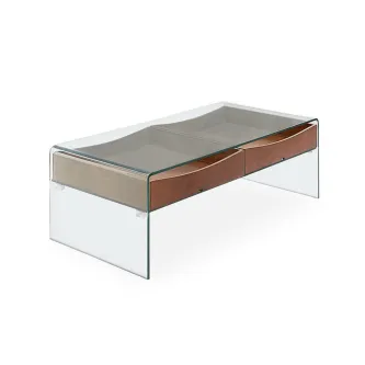 Mesa de centro Nilo em vidro transparente com duas gavetas de madeira