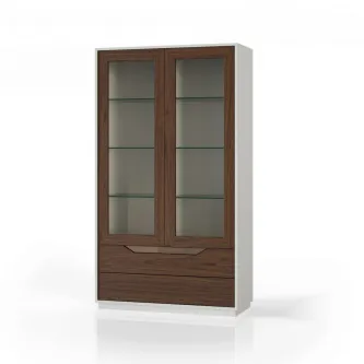 Vitrine Luca 2P branca com portas de vidro e frentes de madeira castanha