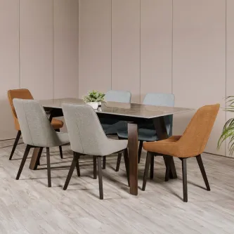 Cadeira Cambrai estofada castanha e cinza em redor de mesa de jantar retangular