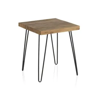 Mesa de apoio quadrada com tampo de madeira natural e pernas metálicas pretas em hairpin