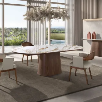 Mesa Niva ovalizada em porcelânico, base de madeira, cadeiras à volta