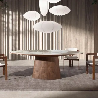 Mesa jantar Niva com tampo porcelânico redondo e base cilíndrica em madeira