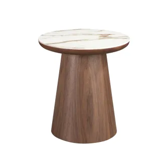 Mesa de apoio Niva com tampo redondo em mármore branco e base cónica em madeira