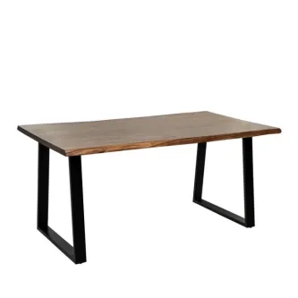 Mesa Laban natural com tampo em madeira e pés metálicos pretos em U