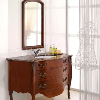 Móvel Rubis em madeira escura com tampo de mármore e espelho