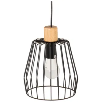 Candeeiro Faura preto com gaiola metálica preta e suporte em madeira, lâmpada visível