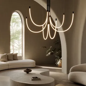 Candeeiro suspenso Cram com braços LED curvos, iluminação quente, sala de estar minimalista