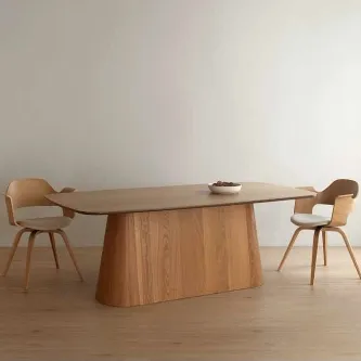 Mesa de jantar retangular em carvalho com base central e duas cadeiras