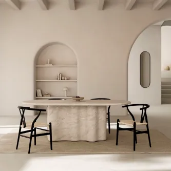 Mesa de jantar Lorraine com base texturada e cadeiras pretas