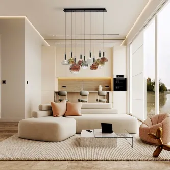 Candeeiro de teto Charlize II com múltiplos pendentes de vidro colorido numa sala moderna