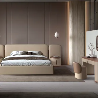 Quarto de casal Feel com cama estofada bege, cabeceira acolchoada e penteadeira