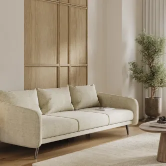 Sofá de 3 lugares Dusk bege numa sala minimalista com almofadas