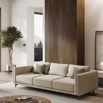 Sofá de 3 lugares Echo bege com almofadas numa sala moderna