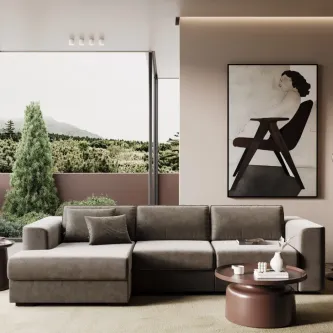 Sofá chaise longue Mystic cinzento em sala moderna com mesa de centro e quadro