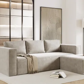 Sofá chaise longue Nimbus cinzento claro em tecido com chaise à direita e duas almofadas