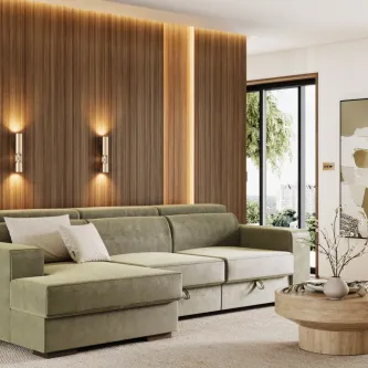 Sofá chaise longue Vision verde-oliva com chaise à esquerda em sala iluminada