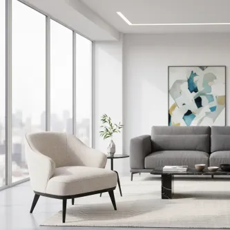 Cadeirão Darvo bege em sala moderna com sofá cinzento e mesa de centro