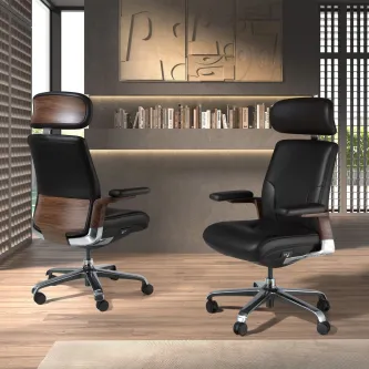 Cadeira Executiva Nirva preta com madeira, duas unidades em ambiente de escritório