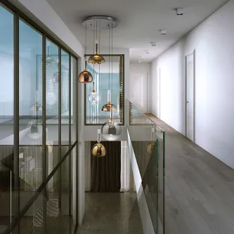 Candeeiro de teto Charlize 6l com seis pendentes dourados e vidro sobre escada moderna