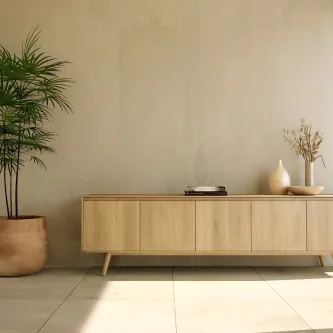 Móvel TV nórdico com pés em madeira clara sobre chão branco