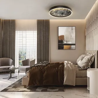 Plafon Stone 60D redondo com acabamento tipo pedra e iluminação difusa num quarto moderno