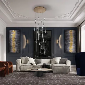 Candeeiro de teto Lagrimas 20L com gotas de cristal suspensas numa sala elegante