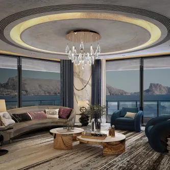 Candeeiro de teto Lagrimas 19L com 19 pendentes em lágrima sobre sala elegante