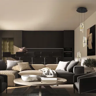 Candeeiro pendente Iliada 3L em sala moderna com sofás e mesa de centro