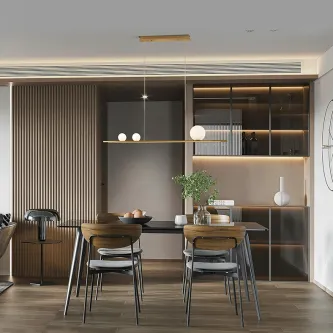 Candeeiro de teto Mila linear dourado com globos de vidro sobre mesa de jantar