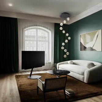 Candeeiro de teto Zaria 13L com 13 globos de vidro suspensos numa sala moderna