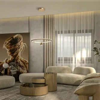 Candeeiro de teto Orane anel dourado suspenso sobre sofá curvo creme.