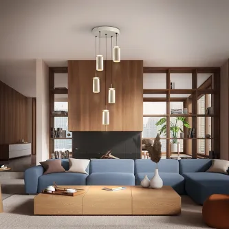 Candeeiro de teto Alfara 5L com cinco pendentes cilíndricos suspensos sobre sala