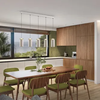 Candeeiro de teto Alfara com cinco pendentes cilíndricos sobre mesa de jantar