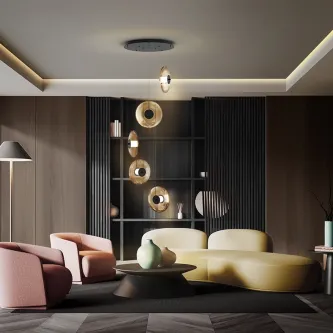 Candeeiro de teto Diabolo com discos dourados suspensos sobre sala moderna