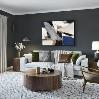 Pintura Espacios II abstrata geométrica em cinza, branco e azul sobre parede escura