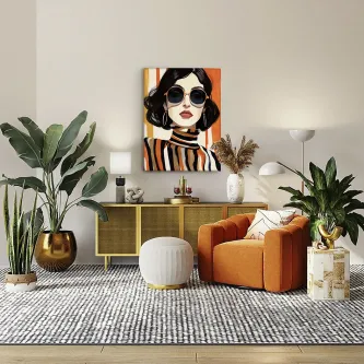 Pintura Orange com retrato de mulher de óculos escuros e listras laranja