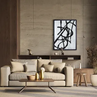 Quadro Graphos Blanco com traços abstratos negros sobre fundo branco, pendurado acima de sofá